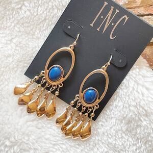 INC Dangle Drop Dreamcatcher Oval Earrings Gold Tone Bright  Blue Tiger Eye New